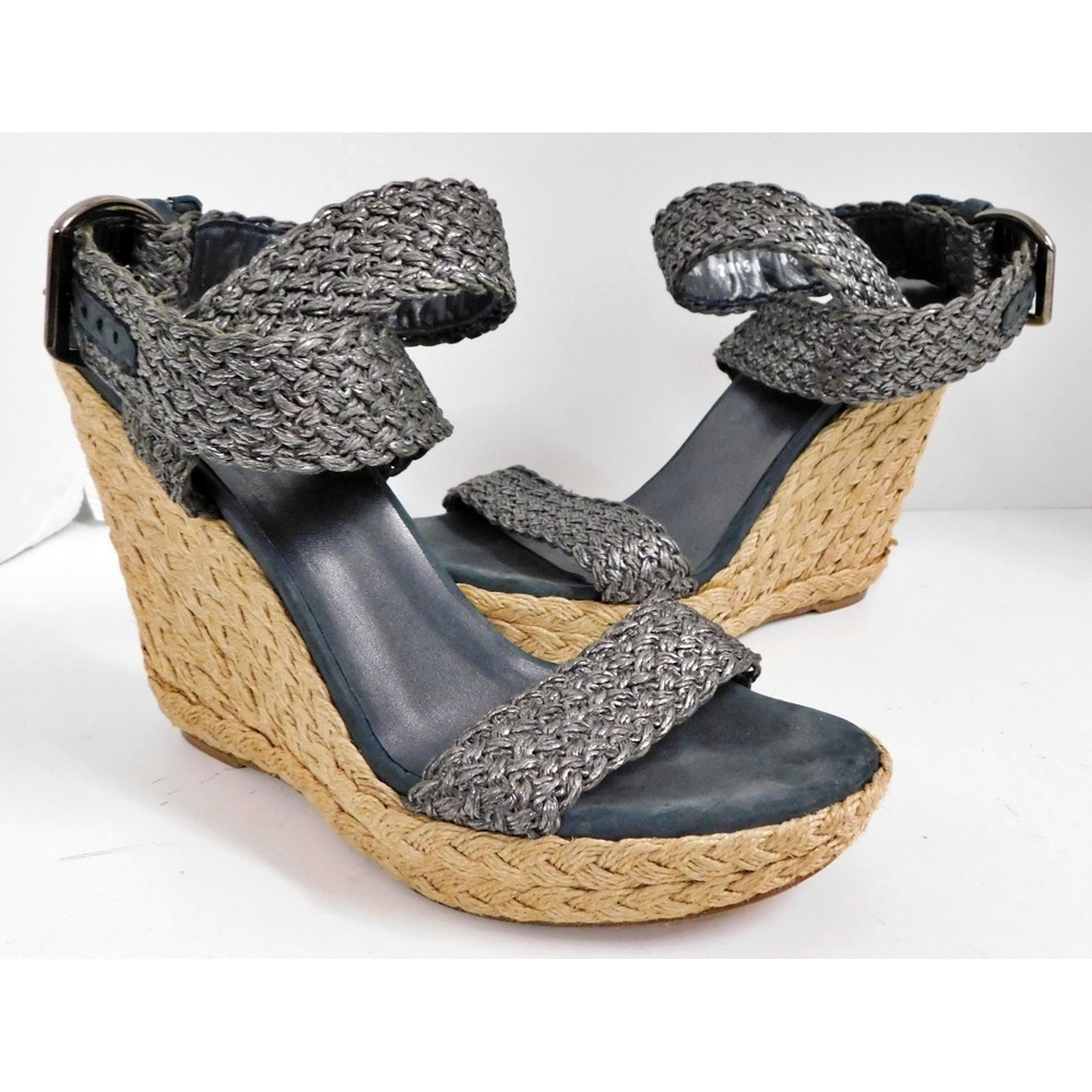 Stuart Weitzman Alex Pewter Wedge Espadrille Woven Ankle Macrame Wedges 8.5 M‎
